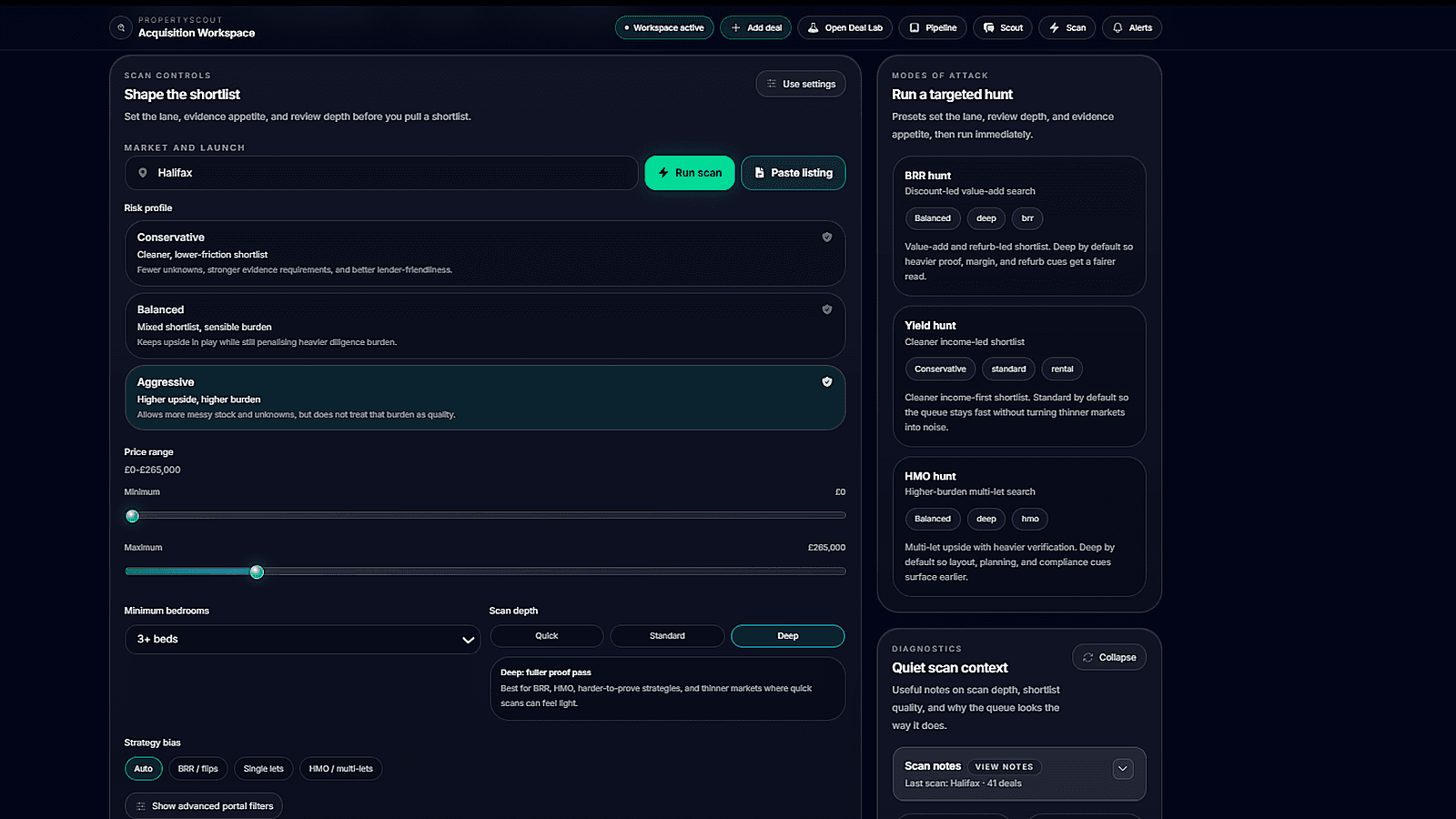 PropertyScout scan controls configured for Halifax and a disciplined first search lane.